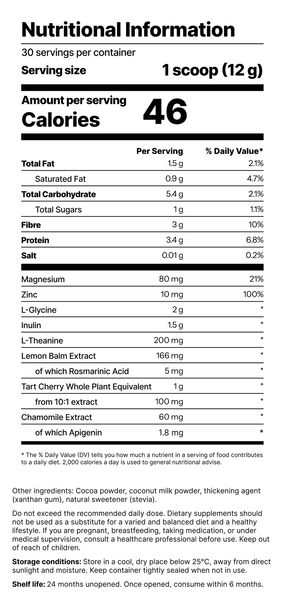 Supplement Facts: 30 servings, 1 scoop (12 g). Magnesium 80 mg; Zinc 10 mg; L-Glycine 2 g; Inulin 1.5 g; L-Theanine 200 mg; Lemon Balm Extract 166 mg (5 mg rosmarinic acid); Tart Cherry 1 g from 100 mg 10:1 extract; Chamomile Extract 60 mg (1.8 mg apigenin). Other ingredients: cocoa powder, coconut milk powder, xanthan gum, stevia.